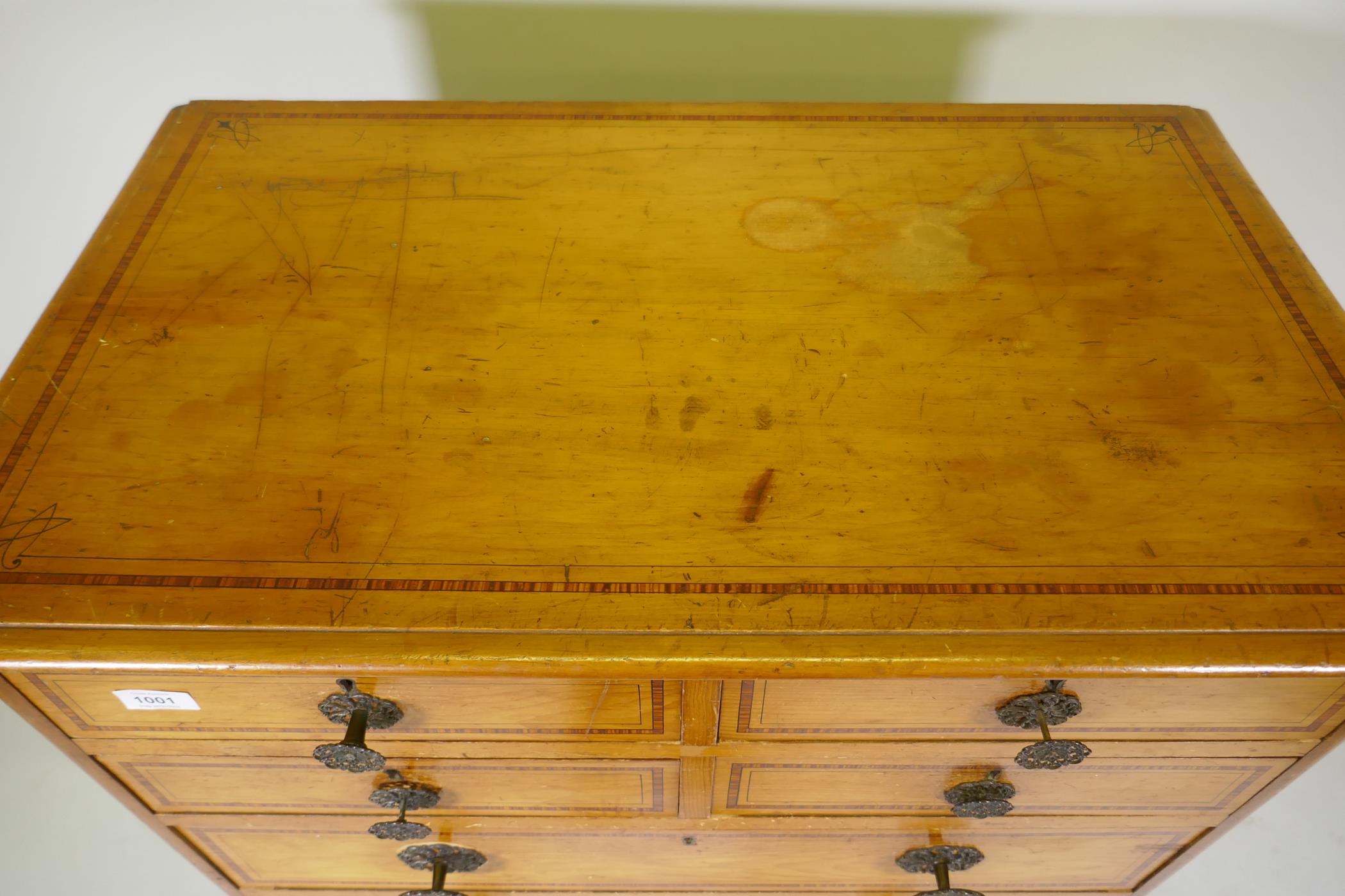 A Victorian polished pine chest of drawers with original painted decoration, four over four - Image 4 of 8