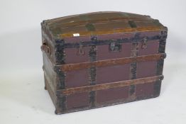 A Victorian wooden strapped travel trunk with dome top, 86 x 52cm, 62cm high