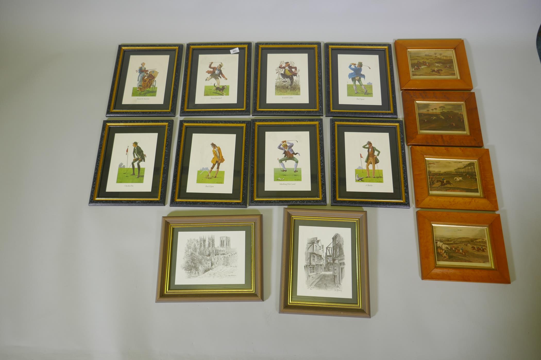 After R.S. Lindsay, eight humorous golfing prints, framed, frame 30 x 38cm, four hunting prints in