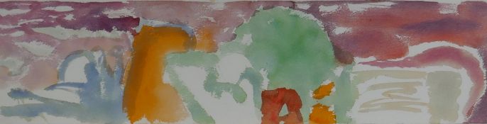 Abstract landscape in the manner of Ivon Hitchens, framed watercolour, 19 x 76cm