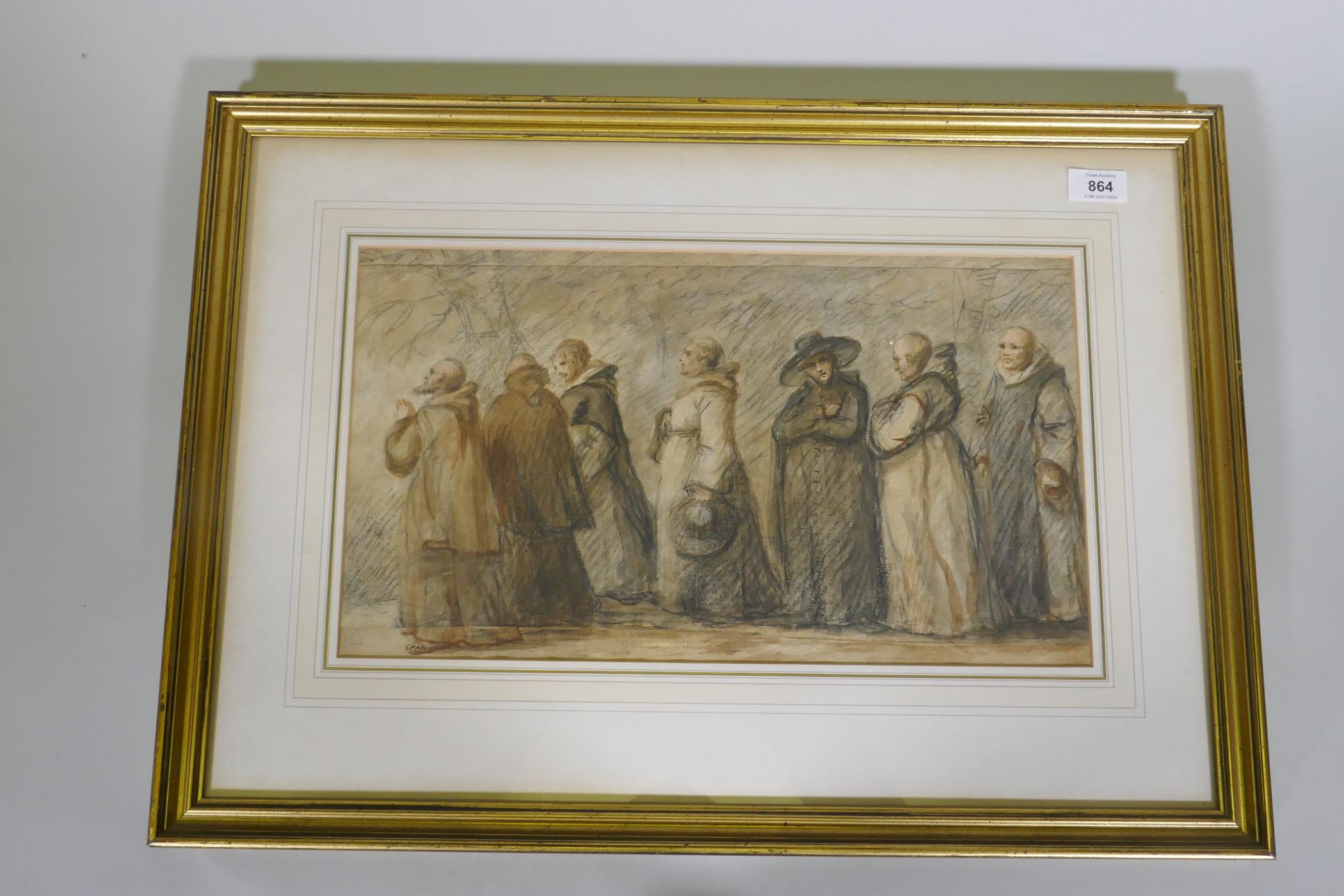Procession of clergy, pencil and wash on paper, inscribed verso H.W. Bunbury, C19th unsigned, but - Image 2 of 4