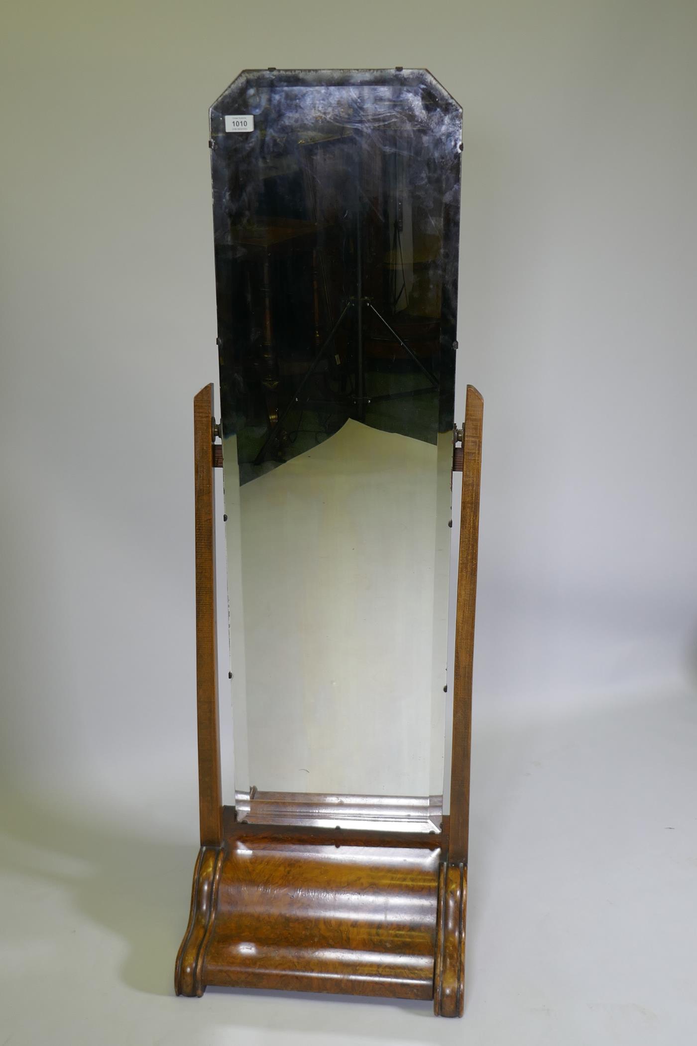 A 1930s figured walnut cheval mirror, 140cm high - Image 2 of 3