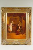 Interior scene with two figures and maid, inscribed 'Frank Moss Bennett on frame plaque, C20th oil
