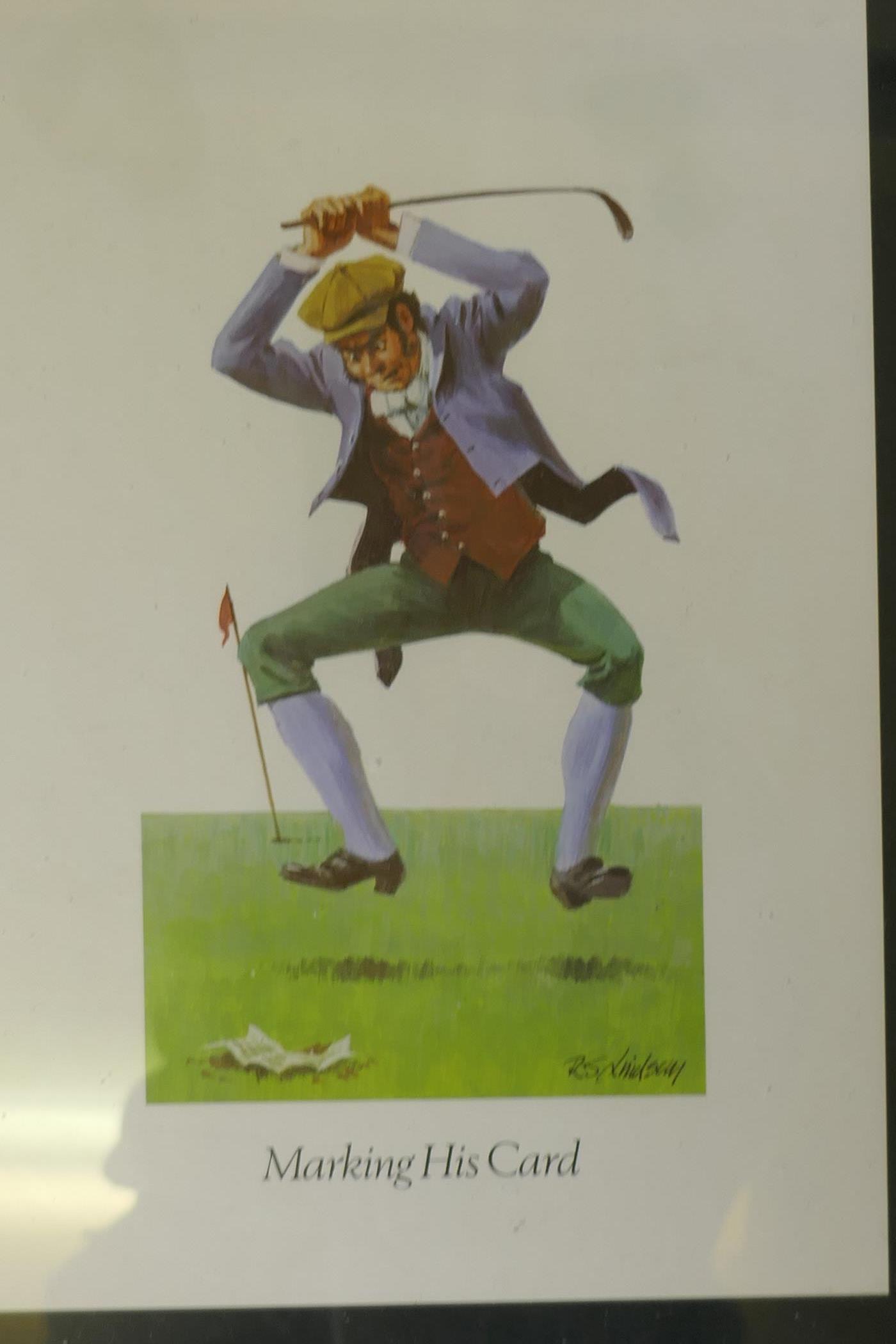 After R.S. Lindsay, eight humorous golfing prints, framed, frame 30 x 38cm, four hunting prints in - Image 6 of 6