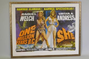 One Million Years B.C / She, 1960s Quad Double Bill film poster, artwork by Tom Chantrell,