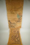 A Chinese watercolour scroll of a riverside landscape (AF) and a watercolour print of magnolias