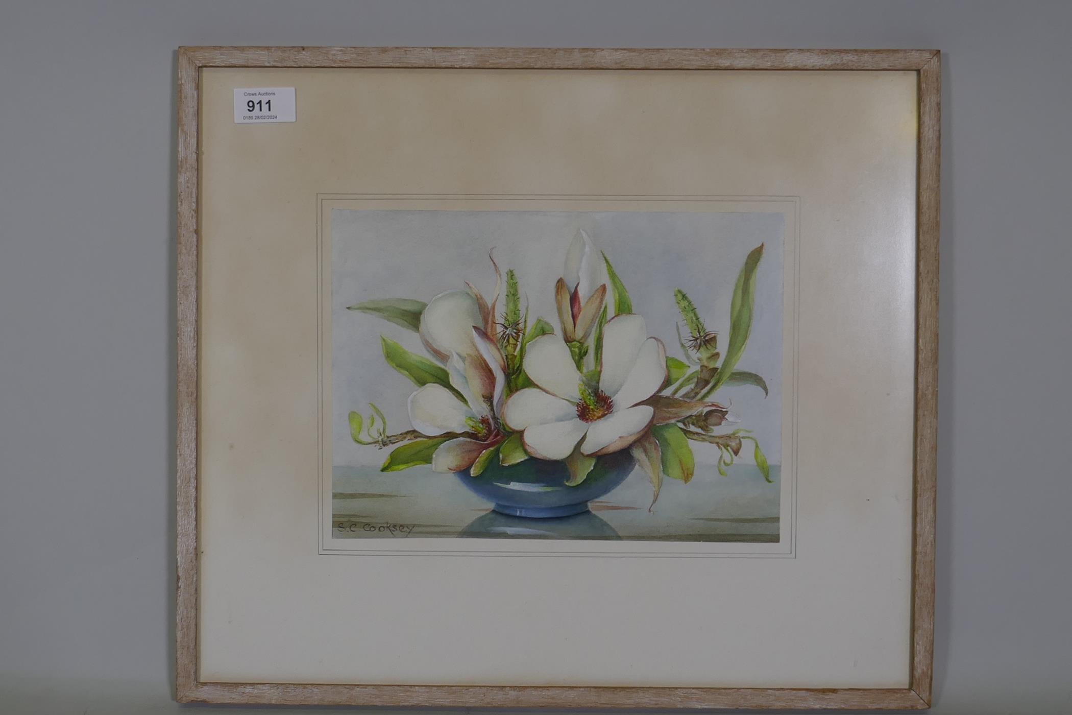 S.C. Cooksey, a bowl of magnolias, signed, early/mid C20th, watercolour, 28 x 20cm - Image 3 of 4