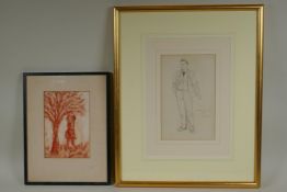 Two framed drawings, sanguin sketch of a young lady picking fruit, signed Blampied, and a portrait