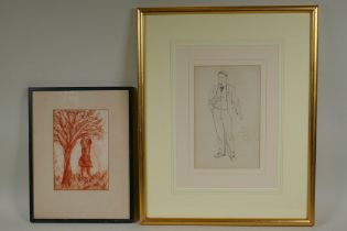 Two framed drawings, sanguin sketch of a young lady picking fruit, signed Blampied, and a portrait