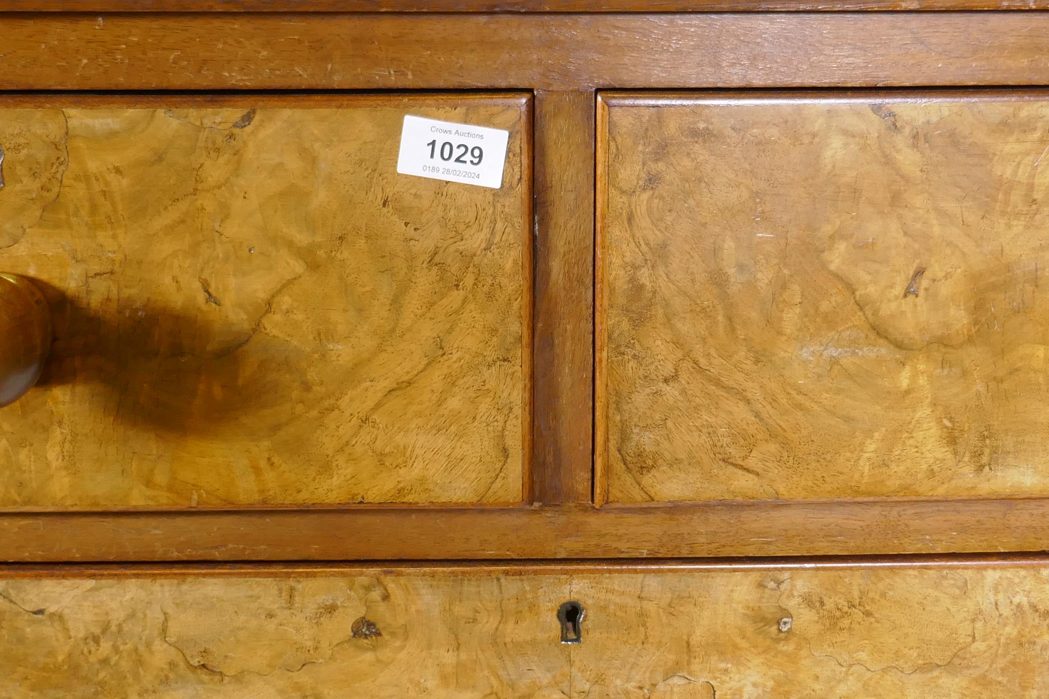 A Victorian walnut chest of two and three drawers with rounded ends, raised on bun supports, 102 x - Image 3 of 4