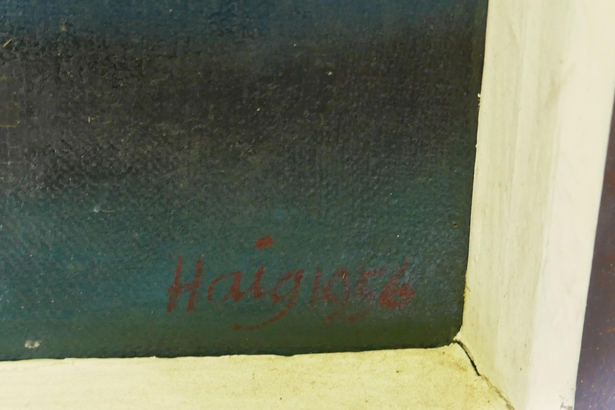 Henry Haig, A.R.C.A., stained glass artist, abstract landscape, signed H. Haig, 1956, oil on canvas, - Image 3 of 4