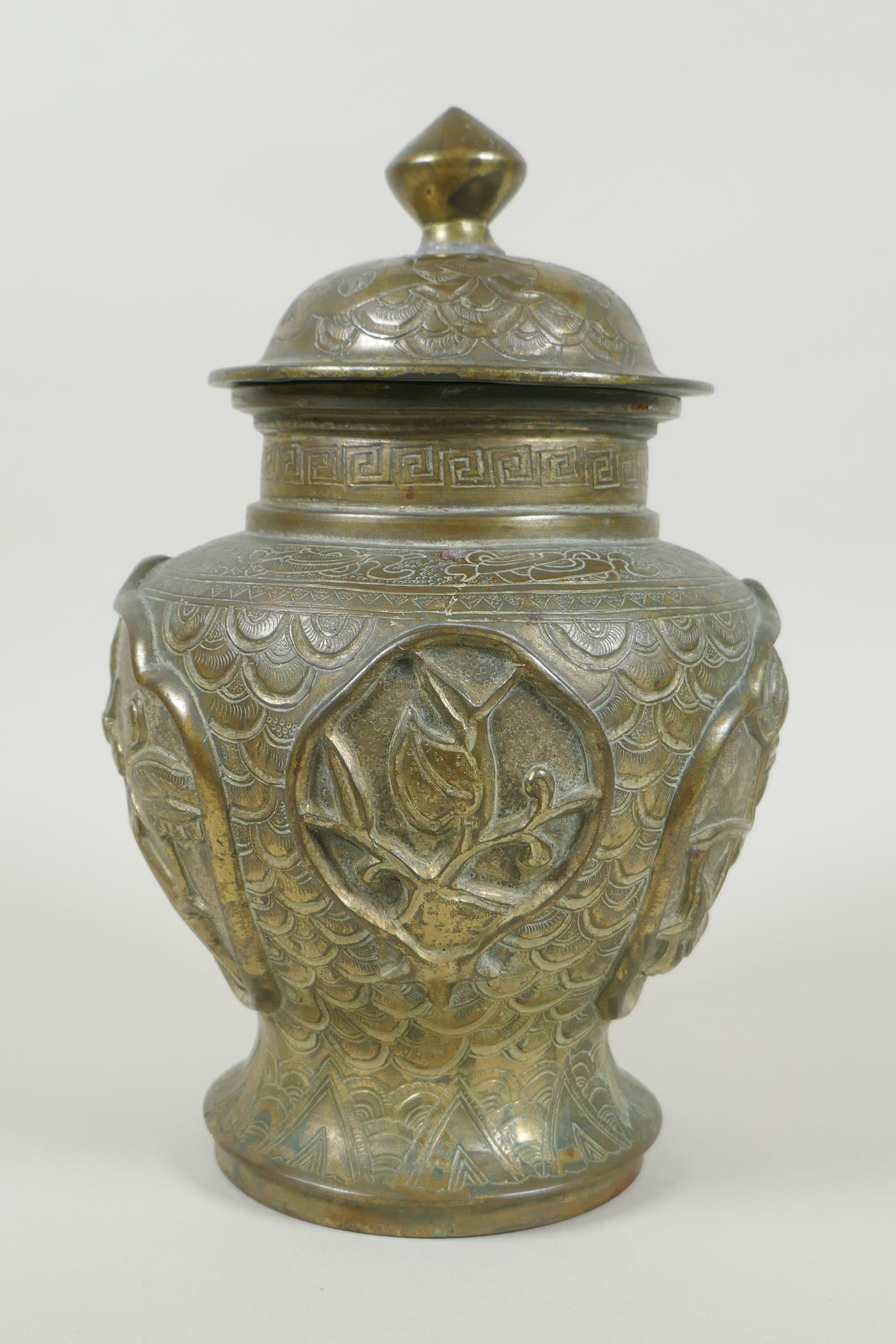 A Chinese gilt bronze meiping jar and cover, with raised decorative panels depicting asiatic animals - Image 5 of 8