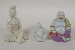 A Chinese blanc de chine porcelain Guan Yin, together with a smaller blanc de chine Buddha and a