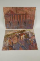 Figures by a theatre entrance, and study of view across rooftops, unframed oils on board, both 28