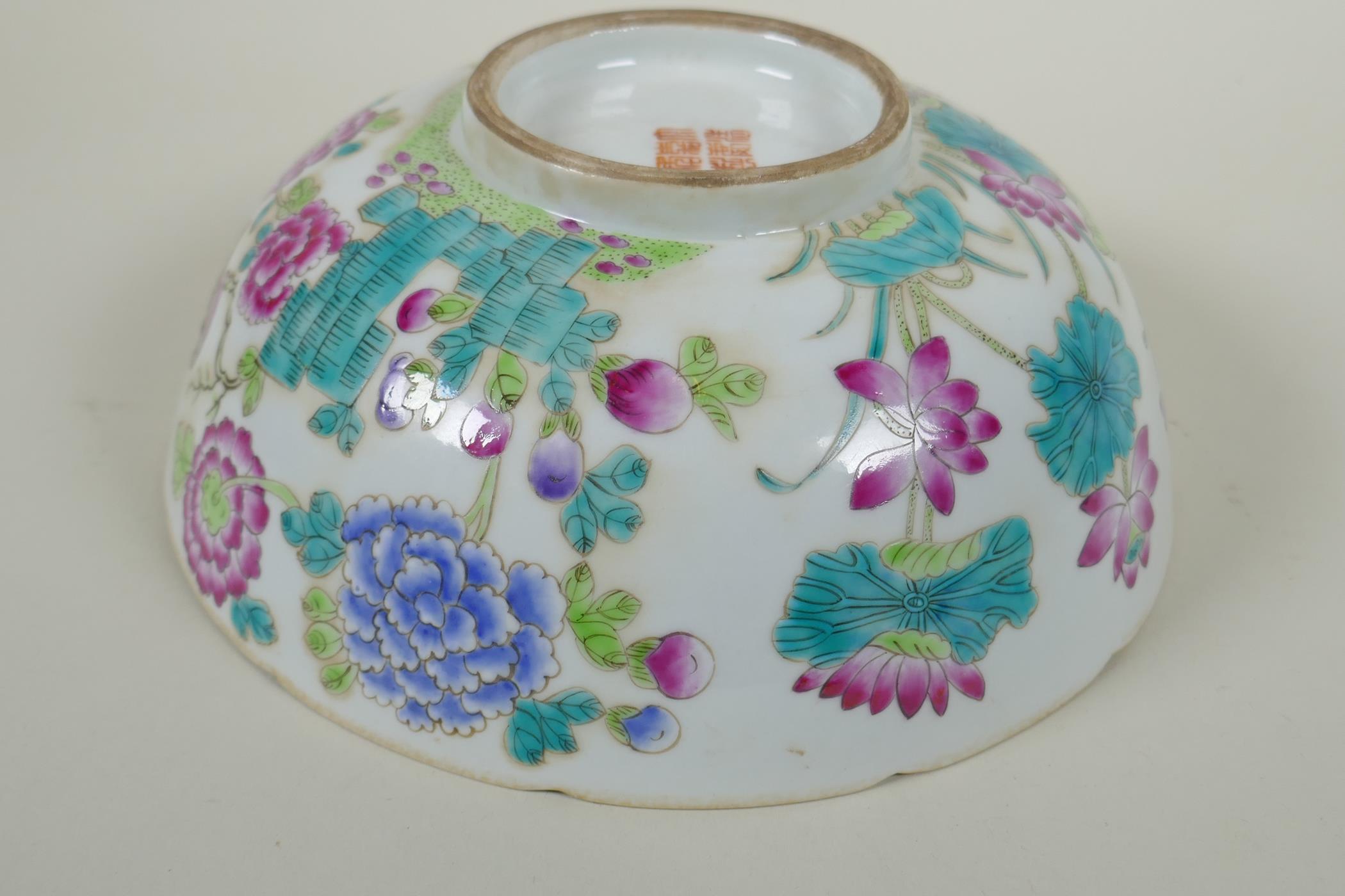 A C19th Chinese famille rose porcelain bowl with lobed rim, decorated with birds amongst asiatic - Image 5 of 7