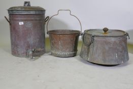 An antique copper cistern, bucket and two handled pot, cistern 40 x 54cm high