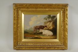 Cattle in a landscape, early C19th oil on oak panel in a period gilt frame, 19 x 25cm