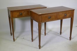 A pair of mahogany two drawer side tables on tapered and fluted legs, 91 x 46cm, 78cm high