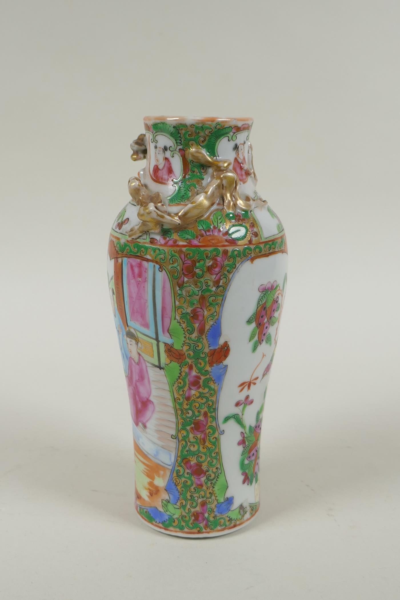A C19th Chinese Canton famille rose porcelain vase, with two gilt raised dragons and decorative - Image 4 of 7