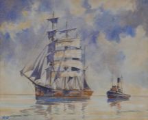 Norman Wilkinson, a three masted sailing vessel with tug boat, monogrammed and signed by the