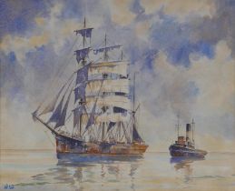 Norman Wilkinson, a three masted sailing vessel with tug boat, monogrammed and signed by the