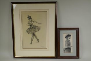 Ernest Borough Johnson, portrait of a dancer, signed charcoal drawing, and a drawing of a lady in