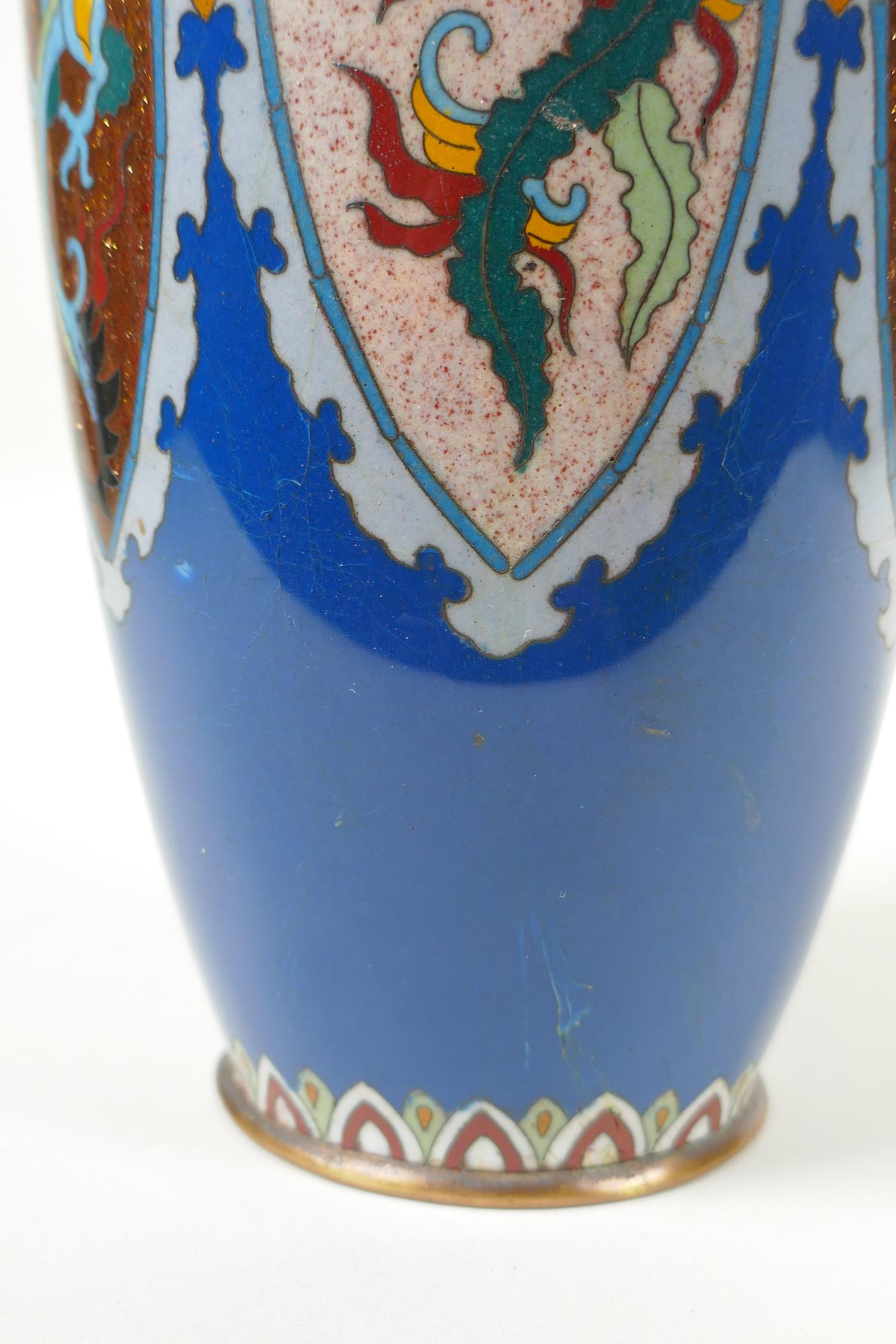 A Japanese Meiji period cloisonne vase with decorative panels depicting dragons and phoenix, 30cm - Image 9 of 9