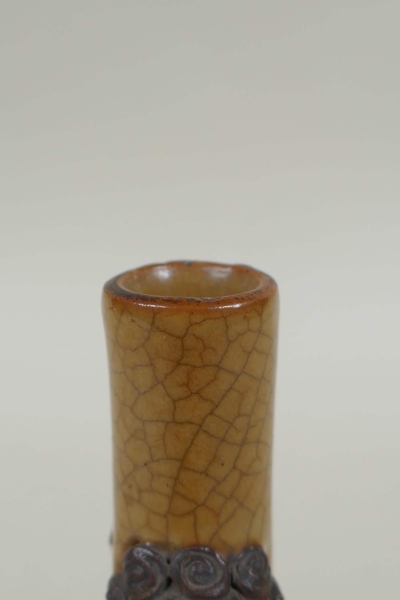 An antique Chinese crackleware bottle vase with two lion mask loop handles, 13cm high - Image 5 of 6