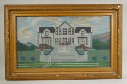 An early C20th naive wool work of a country house and tennis court, 61 x 35cm