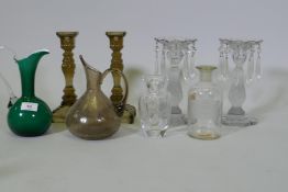 A pair of pressed glass candlesticks, 25cm high, a pair of lustres, AF lacks some drops, glass
