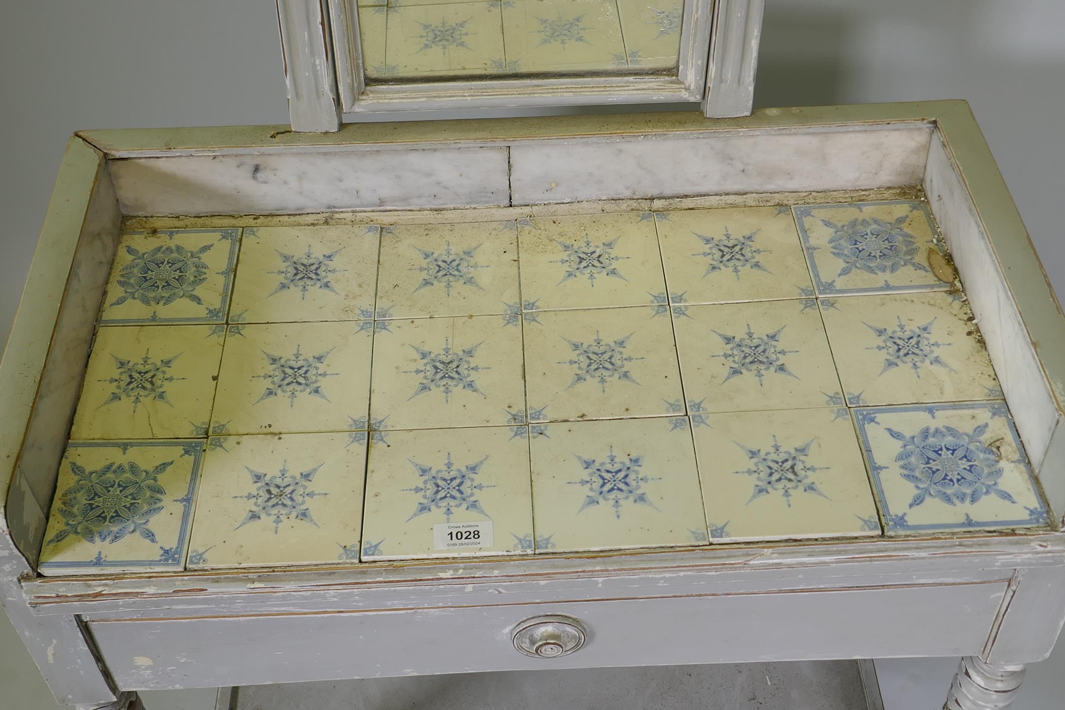 A C19th French painted dressing table, with swing mirror and three quarter marble gallery tiled - Image 3 of 4