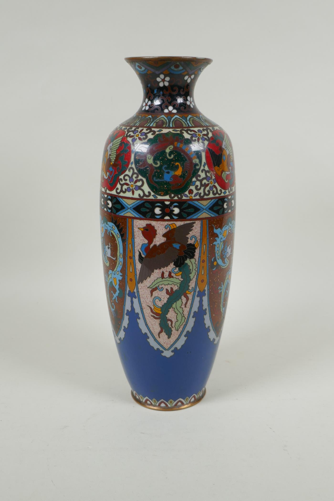 A Japanese Meiji period cloisonne vase with decorative panels depicting dragons and phoenix, 30cm - Image 4 of 9