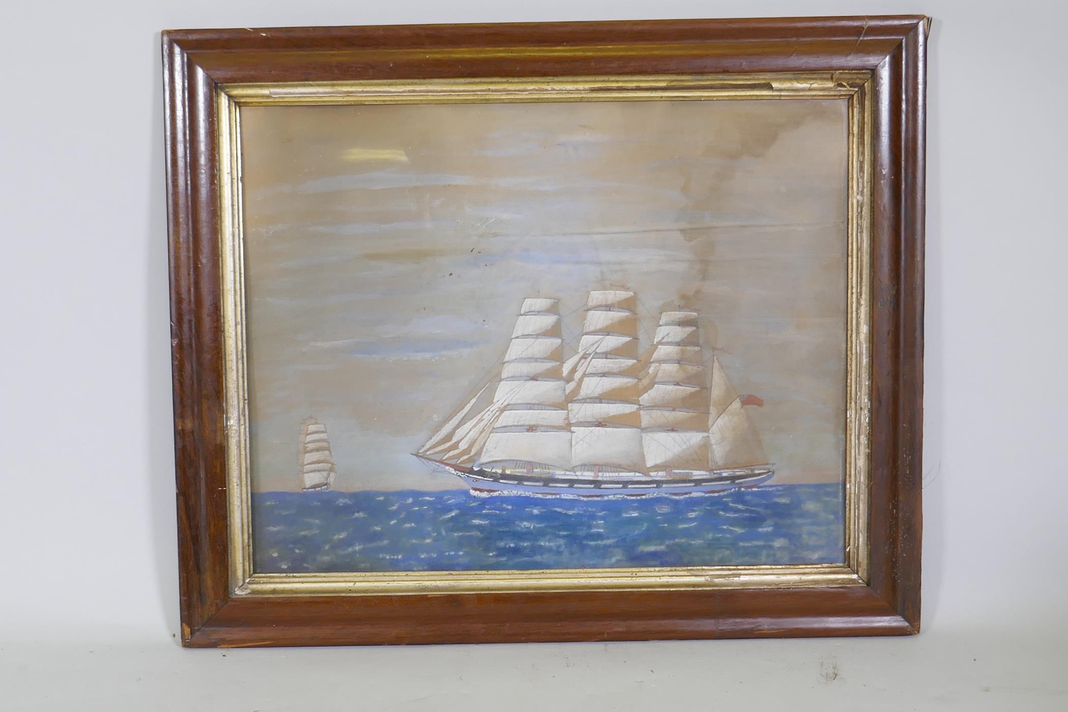 Naive painting of a three masted clipper sailing ship, unsigned, watercolour on card, 70 x 55cm