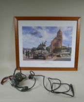 A WWII British Army radio headset, a print after Simon Smith titled The Road From Utah depicting