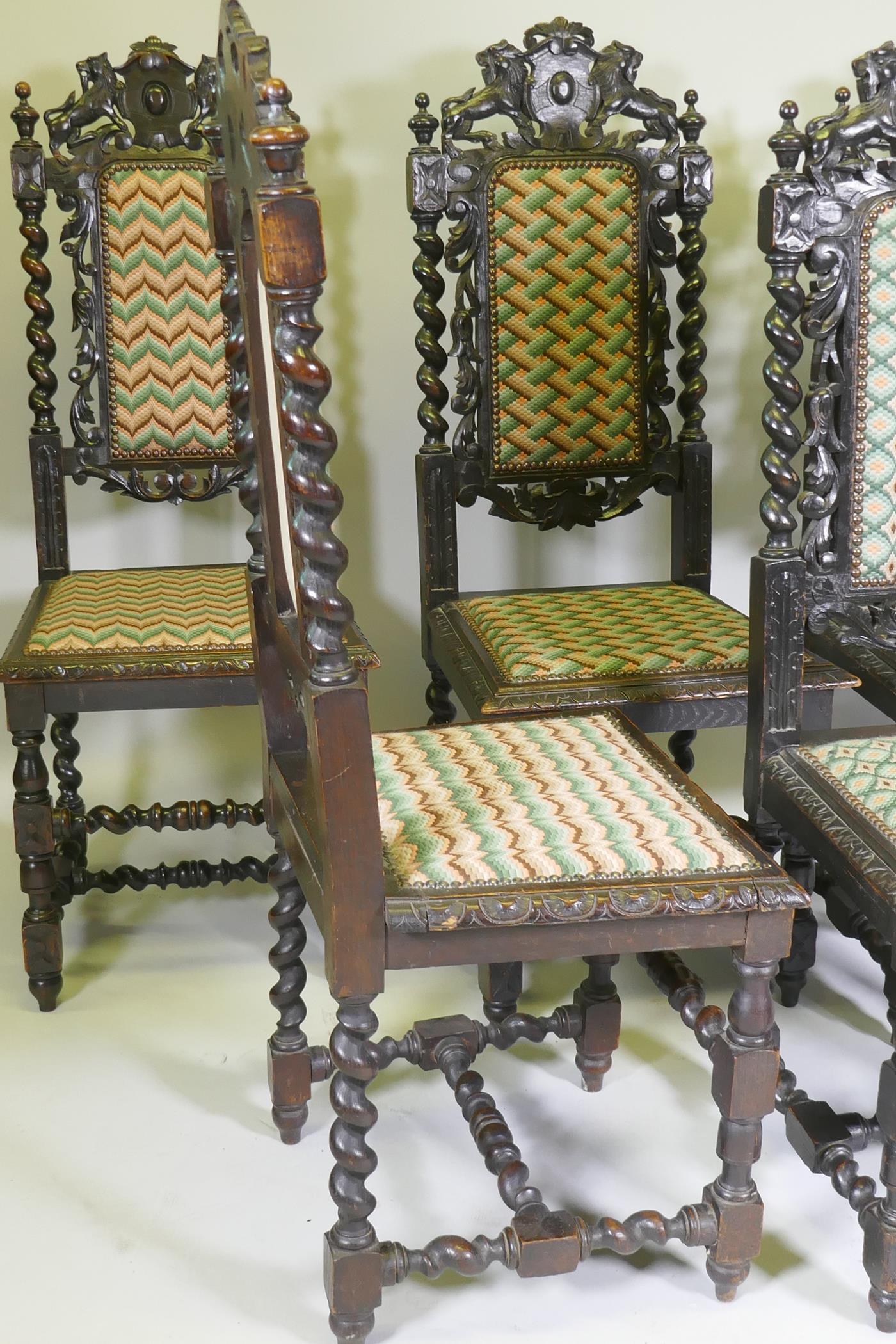 A set of five Jacobean style carved oak highback chairs - Image 4 of 4