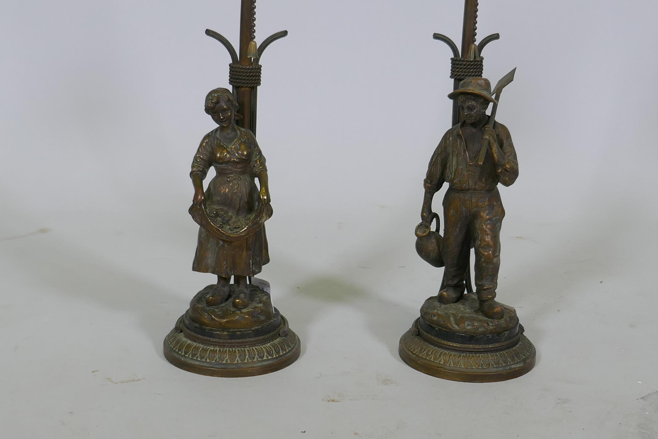 A pair of French gilt bronze, figural gas table lamps, Dutch boy and girl after J. D'Aste, converted - Image 2 of 5