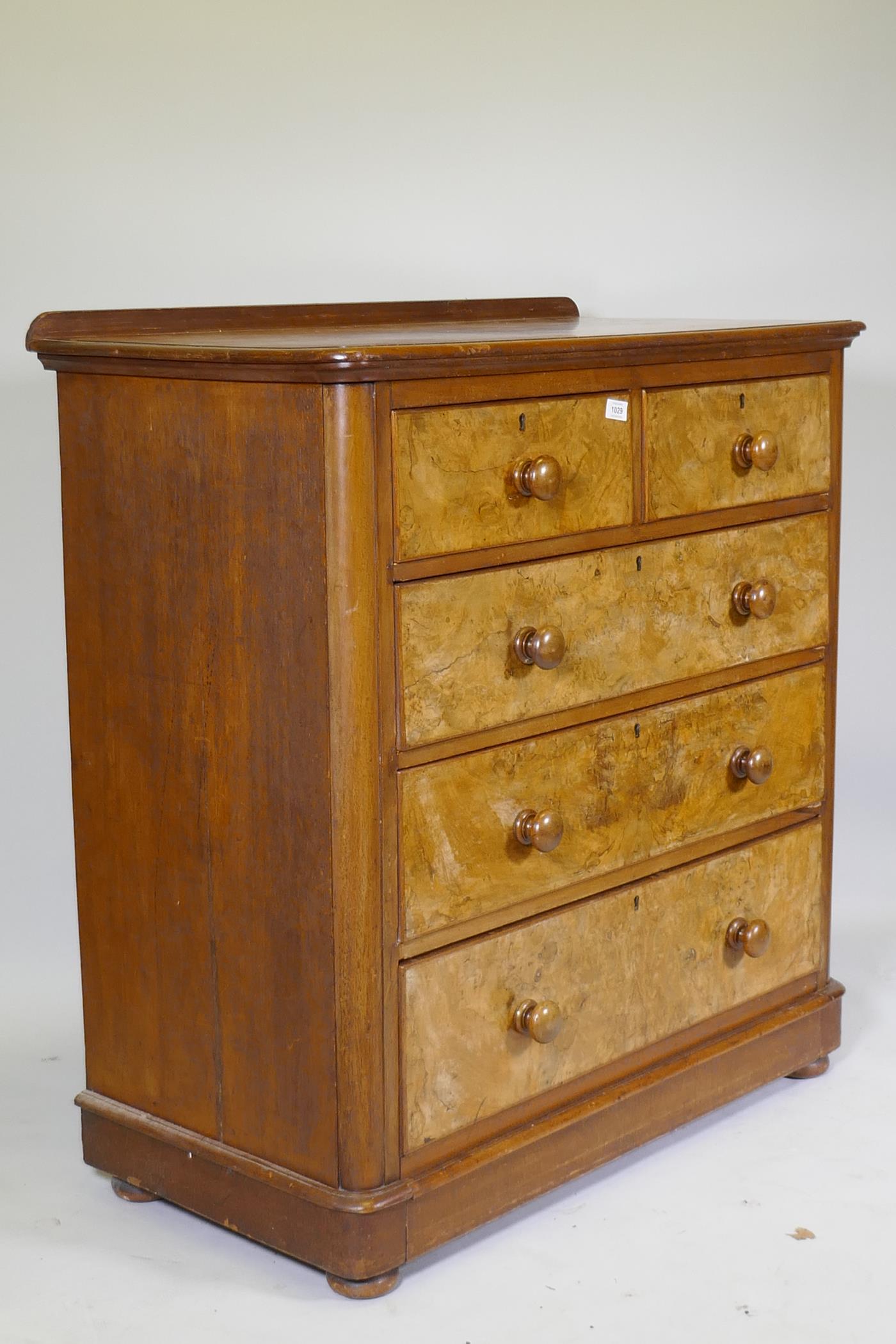 A Victorian walnut chest of two and three drawers with rounded ends, raised on bun supports, 102 x - Image 2 of 4