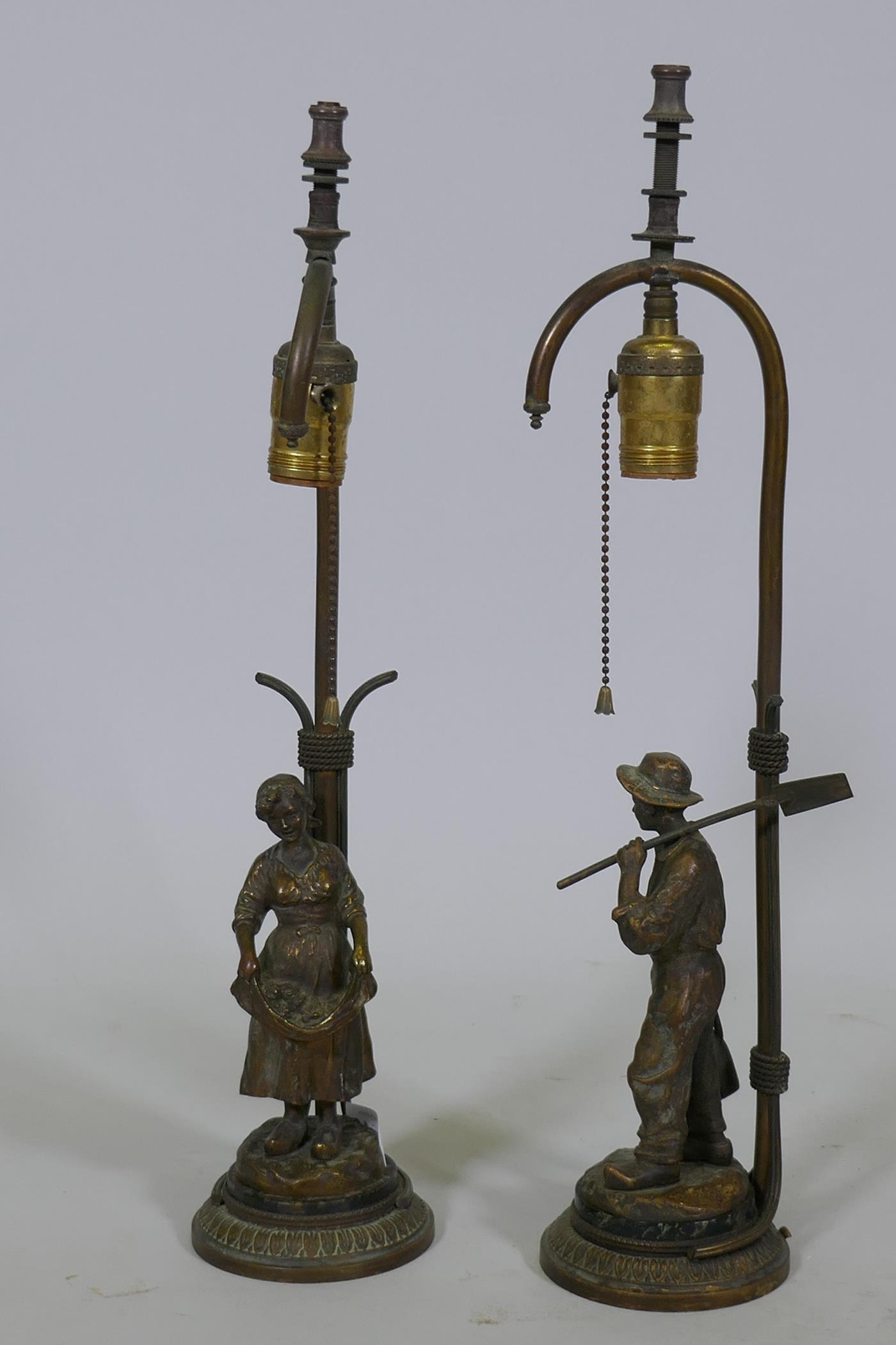 A pair of French gilt bronze, figural gas table lamps, Dutch boy and girl after J. D'Aste, converted - Image 4 of 5