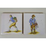 A pair of antique faience tiles decorated with trades people, 14 x 14cm