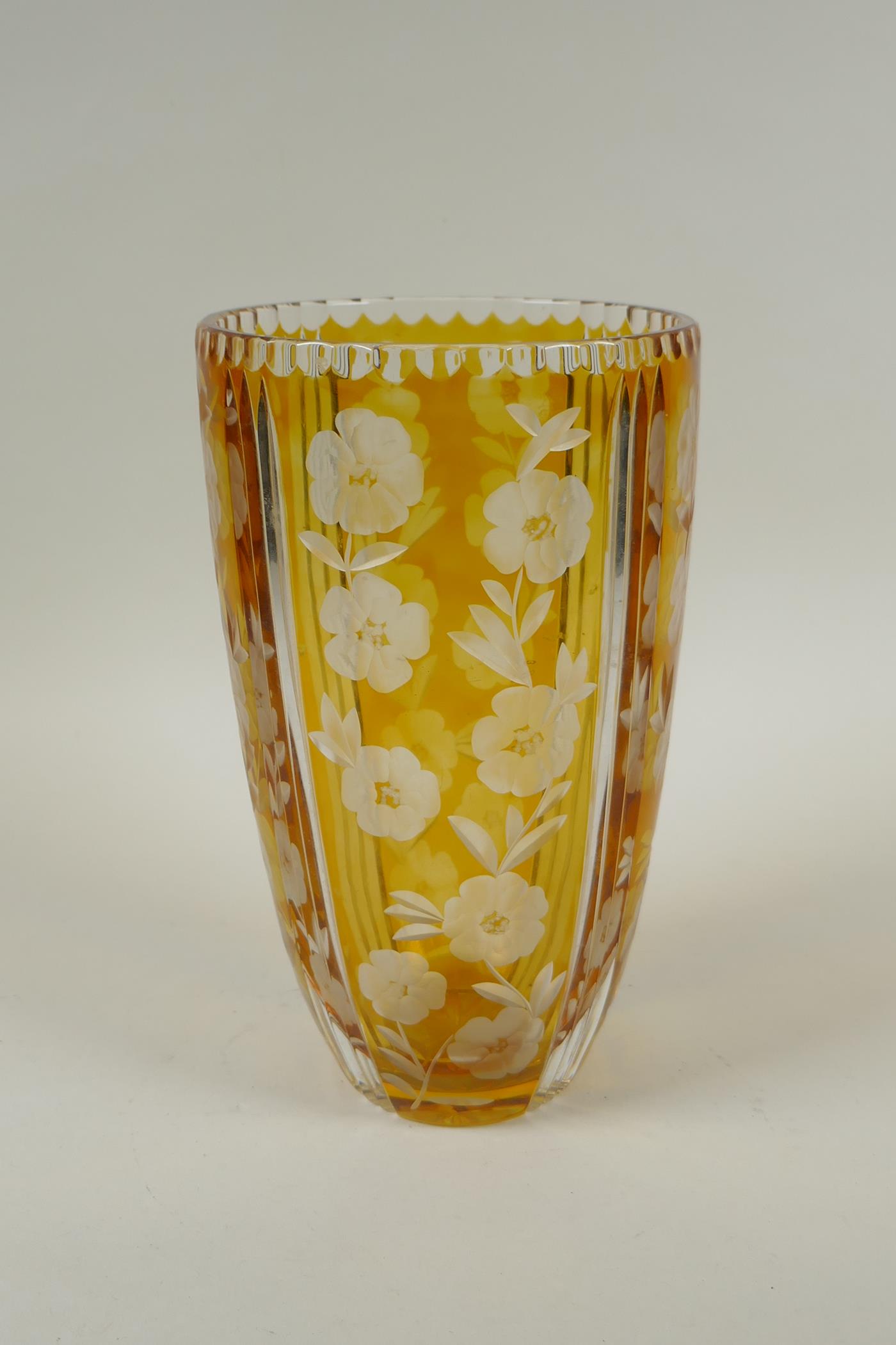 A Bohemian amber cut glass vase with floral decoration, 23cm high - Image 3 of 5