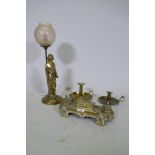 A Victorian brass desk standish with two inkwells, stamped C. Winn & Co, Birmingham, 30cm long,