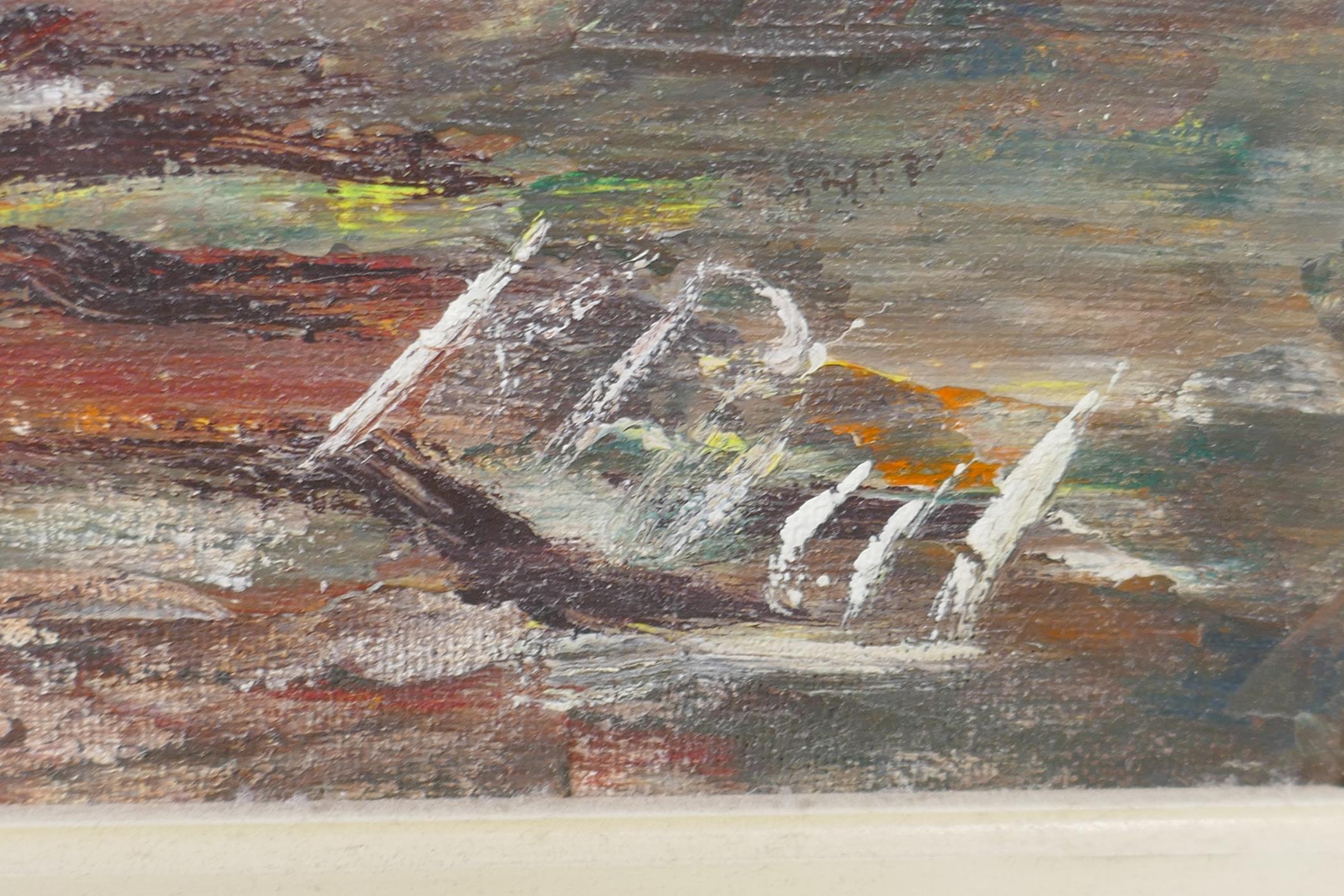 Village in a forest, a Ugandan scene, oil on board, and another of moored boats, oil on canvas, both - Image 3 of 5