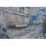 Maciej Opolski, figures in a street, indistinctly inscribed, signed oil on joined paper and laid