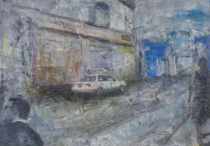 Maciej Opolski, figures in a street, indistinctly inscribed, signed oil on joined paper and laid