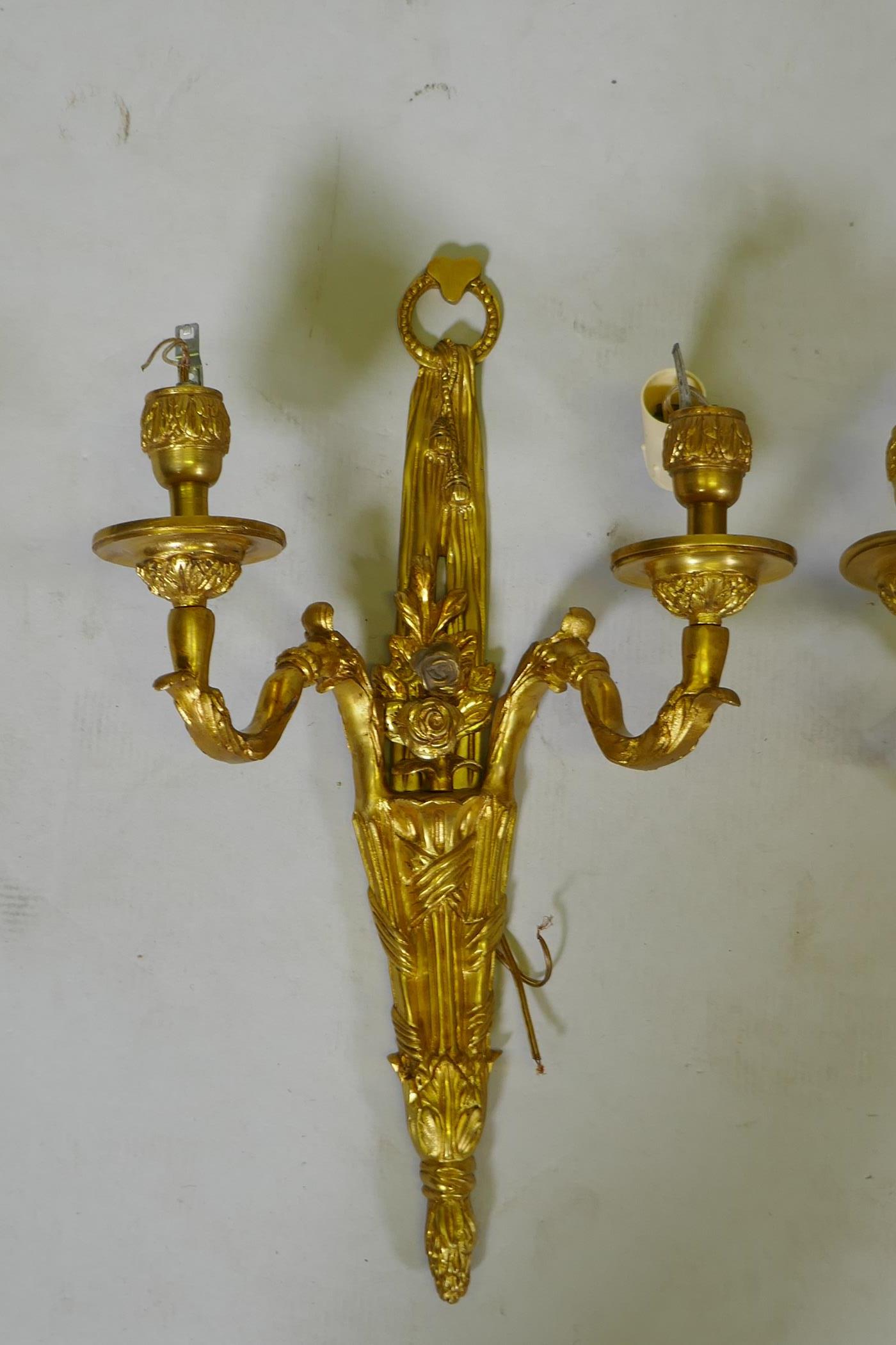 Four ormolu Louis XVI style two branch wall sconces, 44cm high - Image 2 of 5