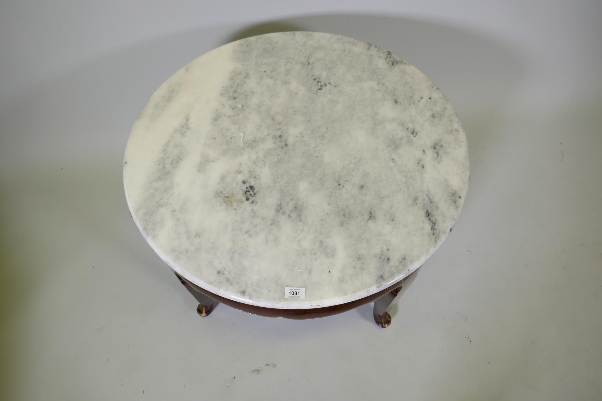 A Chinese lacquered occasional table with gilt decoration and later marble top, 80cm diameter, - Image 3 of 3