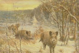 Wilhelm Lorenz, winter landscape with wild boar, signed Willi Lorenz, oil on canvas, 61 x 50cm