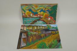 Riverside town, signed John Paddy Carstairs, and a view of back gardens, unframed gouaches,