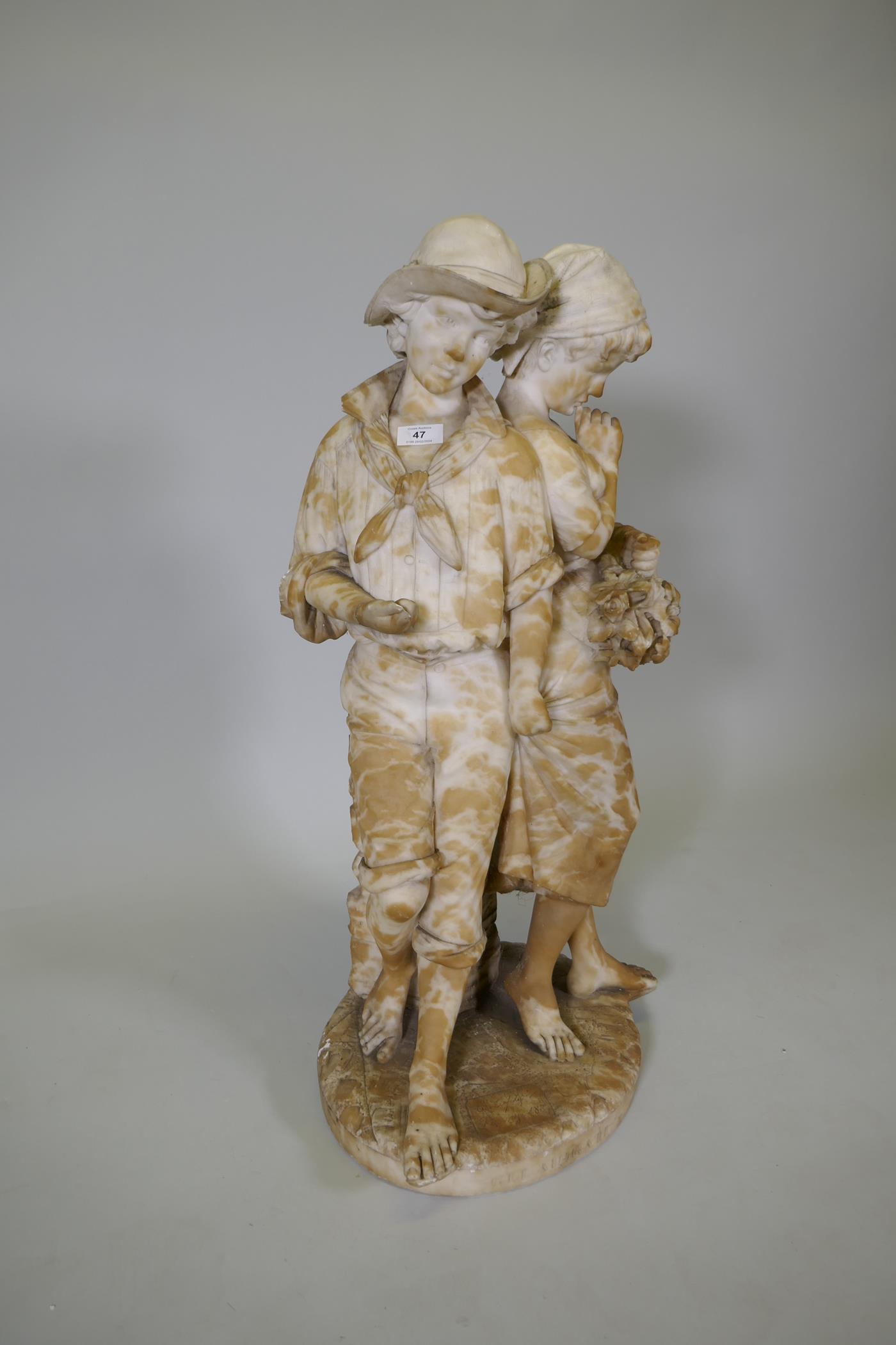 After Cesare Lapini, (Italian, 1848-?) Gli Adirati, carved alabaster figure group of a boy and girl, - Image 4 of 7