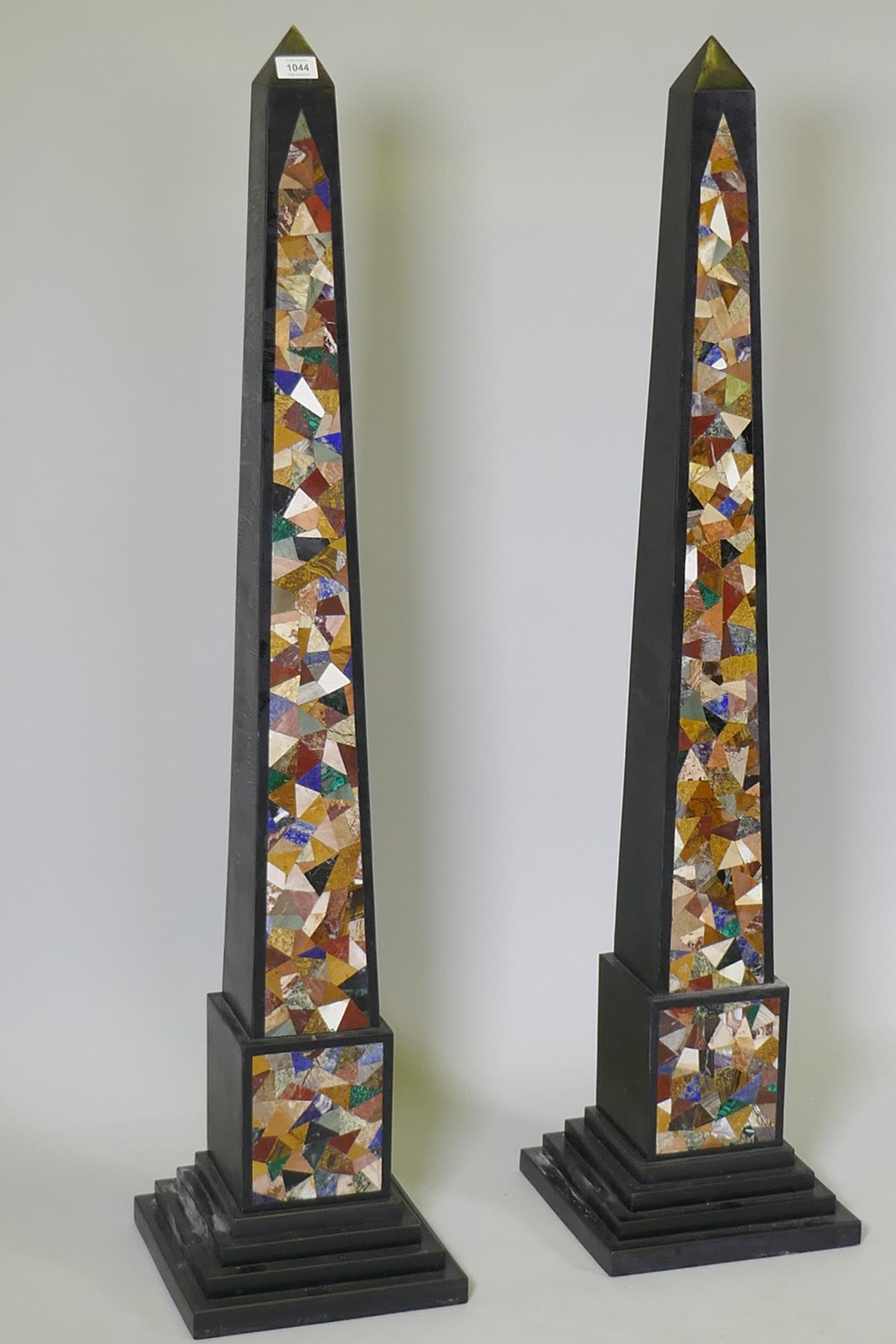 A pair of large obelisks inlaid with specimen marble and stone decoration, 126cm high - Image 2 of 5